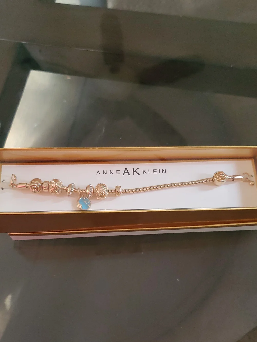 Anne Klein Rose Gold Charm Bracelet with Turquoise Accent